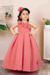 Peach Sleeveless With Floral Embellishment And Pearl Gown For Girls