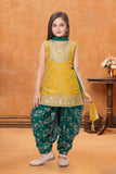 Mustard Sleeveless Kurti with Foil-Print Green Patiala And Dupatta For Girls