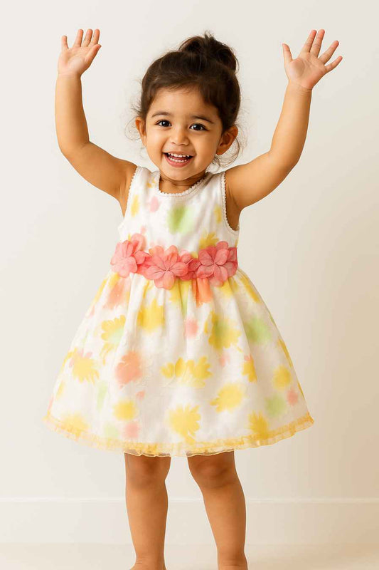 Yellow Floral Printed Sleeveless Frock For Girls