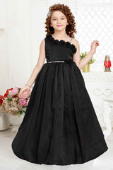 Black Gown With Floral Embellished And Stone Waist Band For Girls