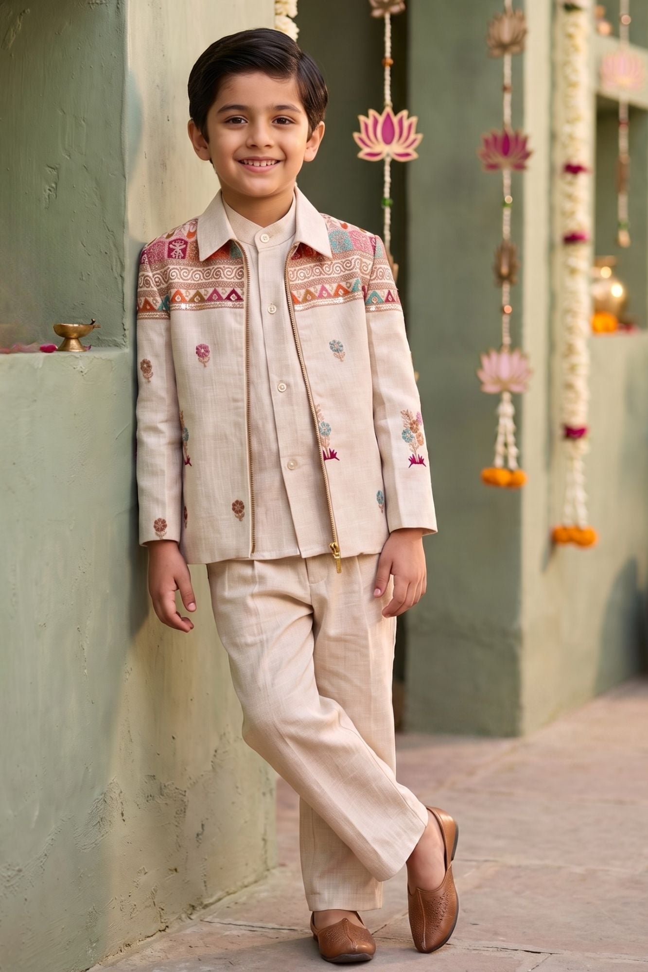 Boys Ivory Embroidered Coat Suit Set