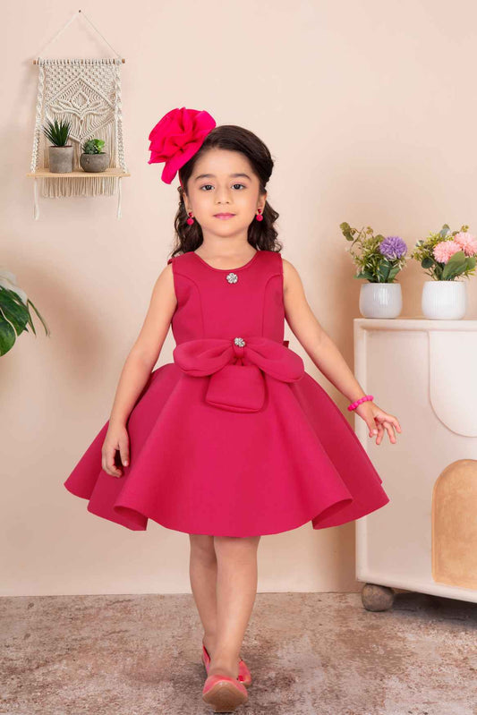 Rani Pink Sleeveless With Bow Embellishment And Stone Frock For Girls