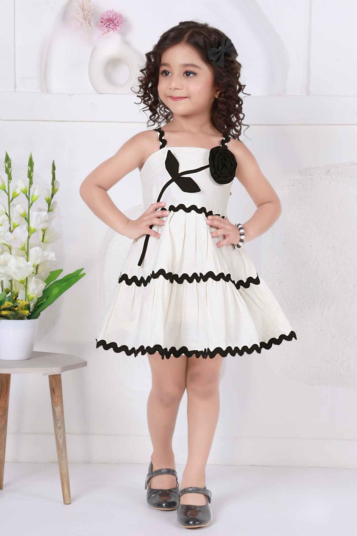 Classic White Frock With Floral Embellishment For Girls