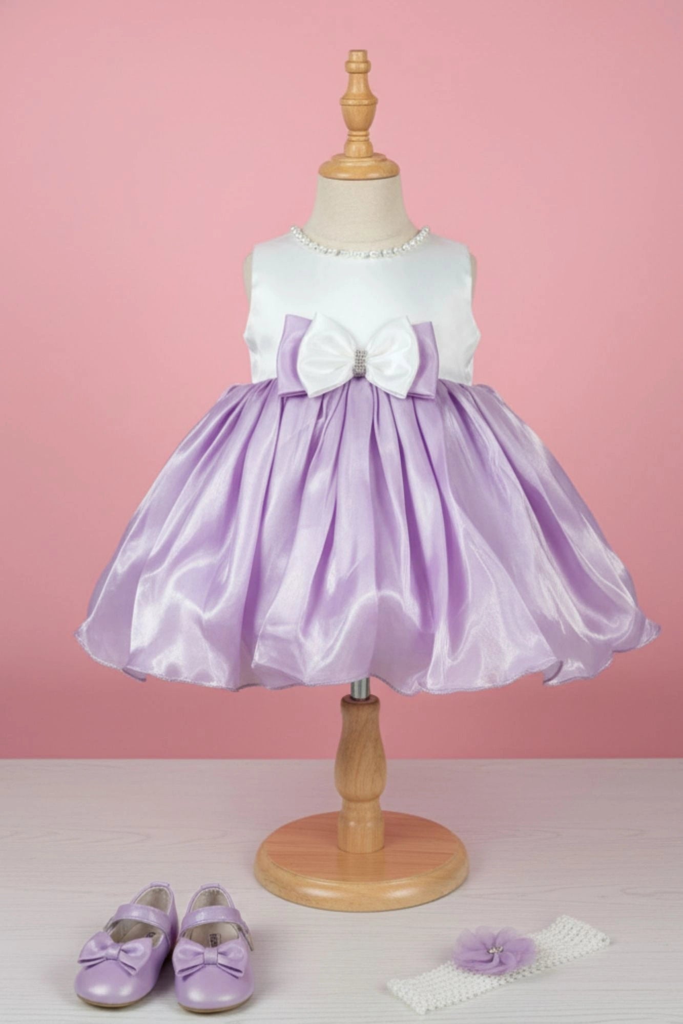 White & Lavender Satin Party Frock with Pearl Neckline and Bow Accent For Girls