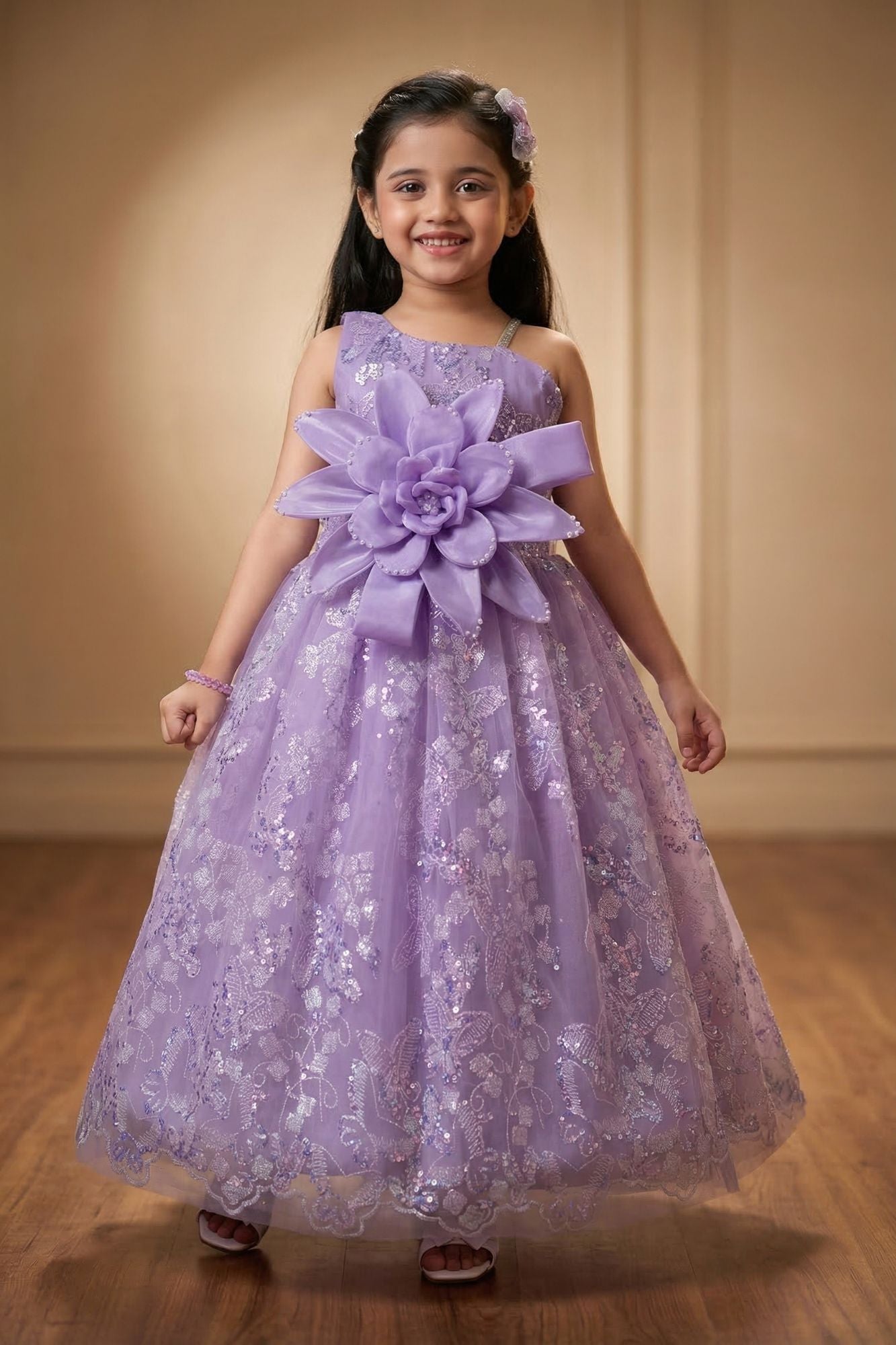 Lavender Floral Applique Assymetrical Party Wear Gown with Big Bow For Girls