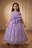 Lavender Floral Applique Assymetrical Party Wear Gown with Big Bow For Girls