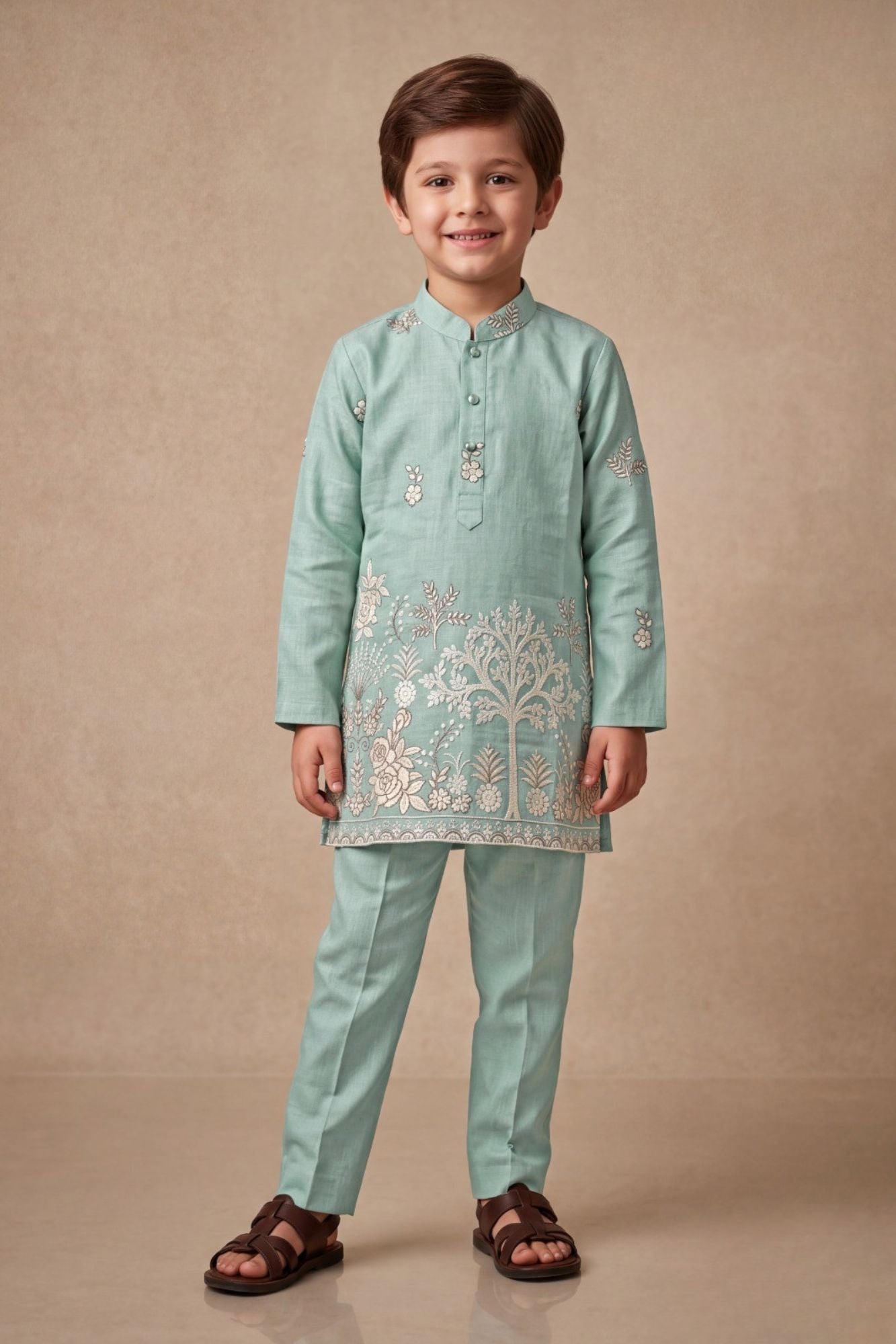 Boys Sage Green Kurta Pajama Set With Floral Thread Embroidery