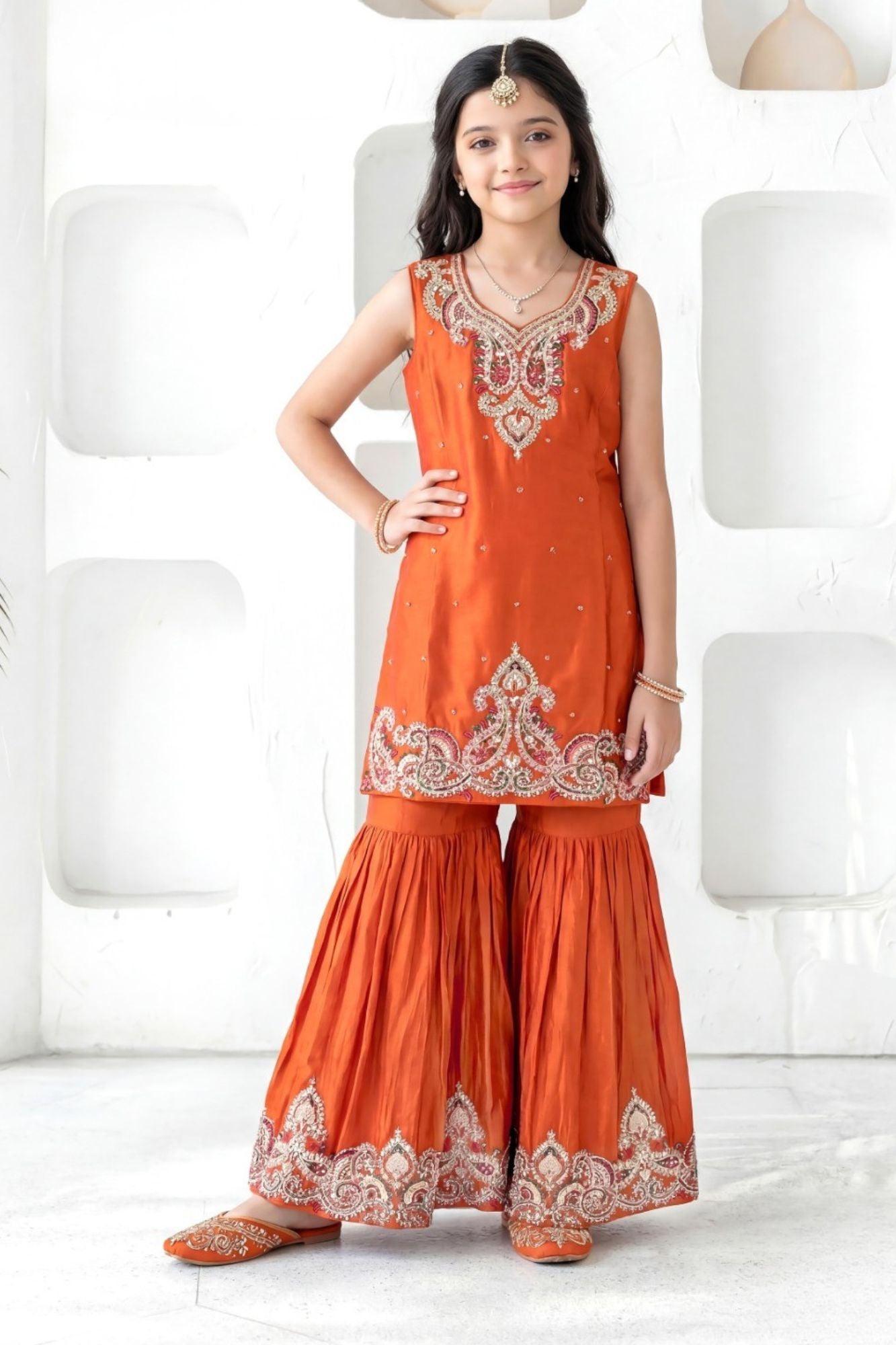Orange Embroidered Sharara Set With Dupatta For Girls