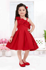 Red Sleeveless And Floral Embellished Frock For Girls