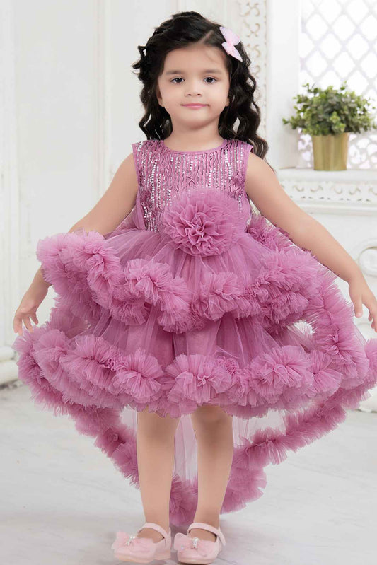 Onion Pink Ruffled Frock With Floral Embellished For Girls