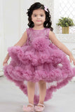 Onion Pink Ruffled Frock With Floral Embellished For Girls