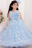Sky Blue Floral And Butterfly Embellished With Sequins Work Party Wear Gown For Girls
