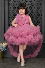 Onion Pink Sleeveless And Floral Embellished Tail Back Frock For Girls