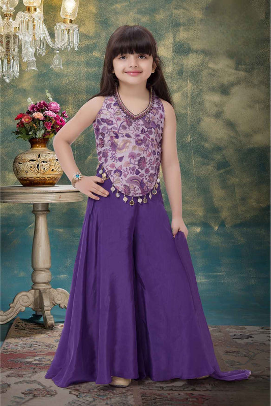 Purple Embroidered Sleeveless Top With Flowy Palazzo Set For Girls