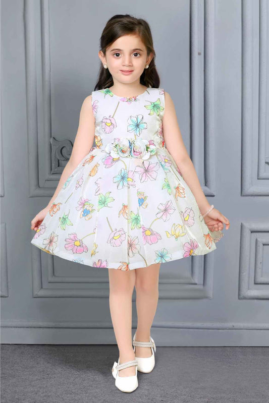 Cream Sleeveless Floral Printed Frock With Flower Embellishment For Girls