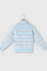 Blue Striped Polo Neck Pullover With Bunny Clip For Girls