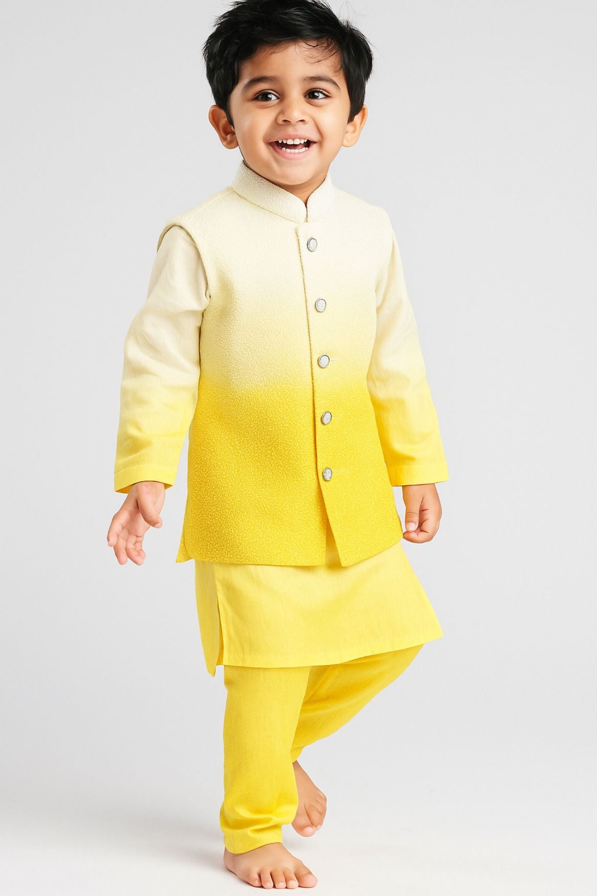 Yellow Ombre Kurta Set With Waist Coat For Boys