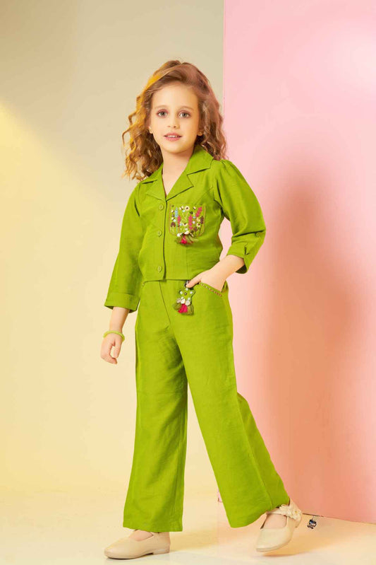 Stylish Green Co ord Set Enhanced With Embroidered Pocket  For Girls