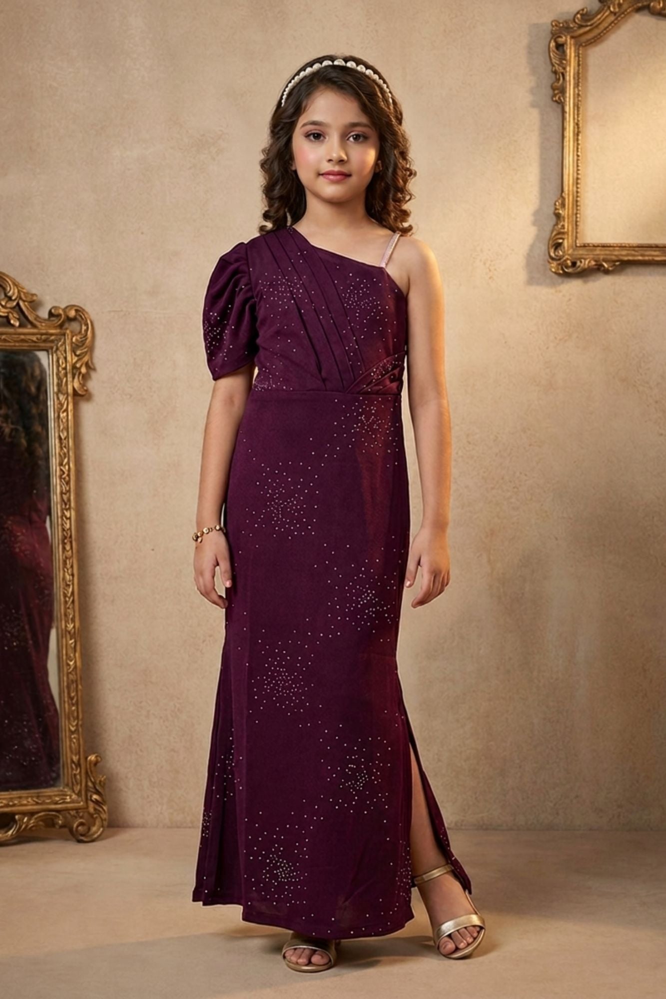 Girls Wine Purple One Shoulder Embellished Party Gown