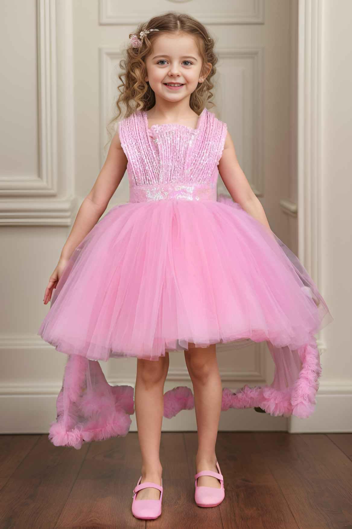 Designer Pink Sequin Partywear Net Tailback Frock For Girls - Lagorii Kids