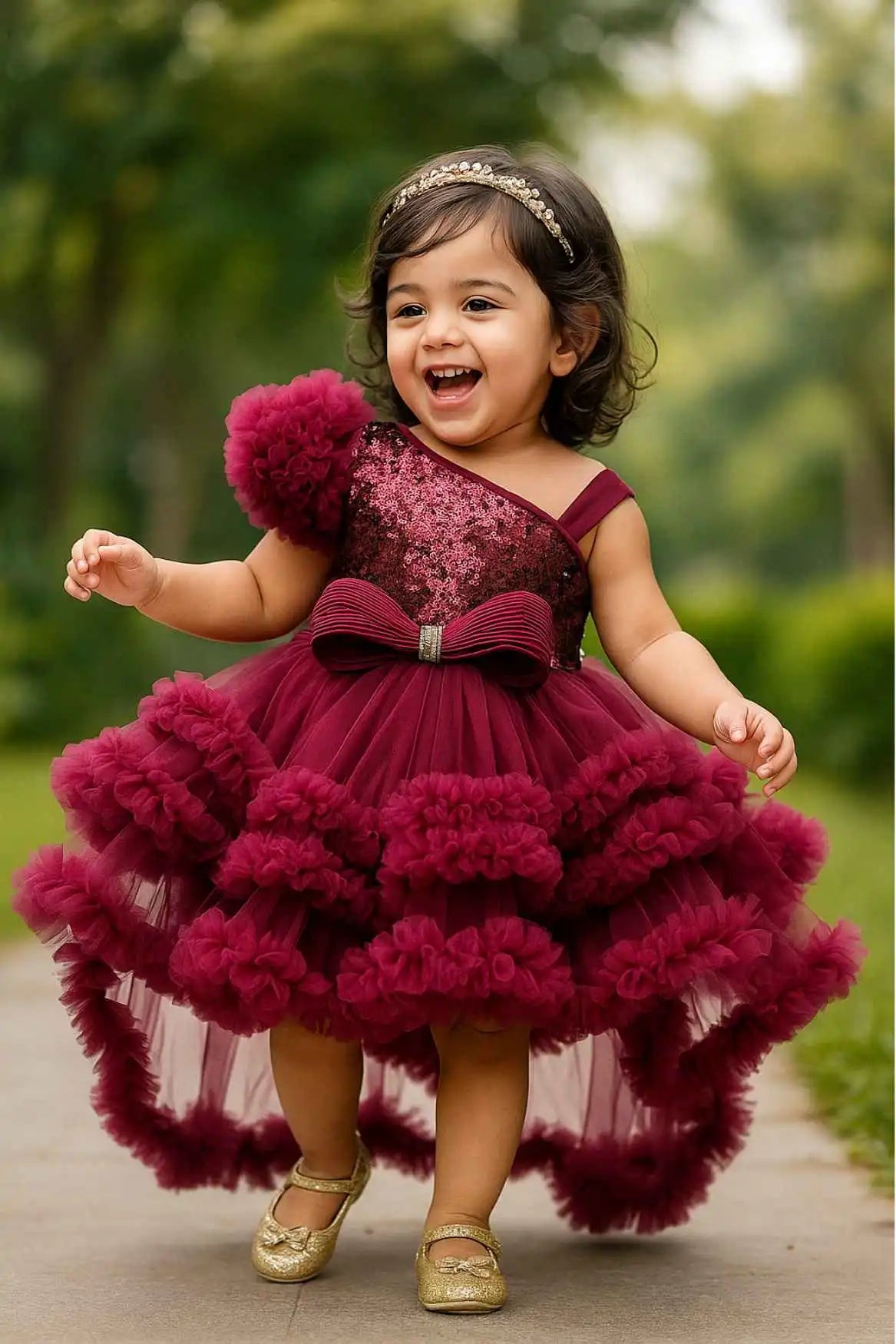 Wine Ruffle Party Frock With Sequin Bows And High-Low Hem For Girls