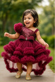 Wine Ruffle Party Frock With Sequin Bows And High-Low Hem For Girls