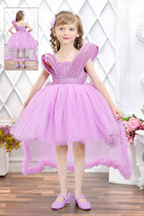 Designer Purple Sequin Partywear Net Tailback Frock For Girls