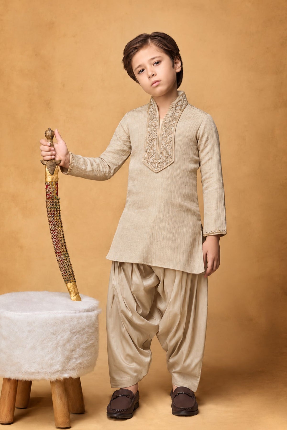 Boys Beige Zari Embroidered Kurta Dhoti Set