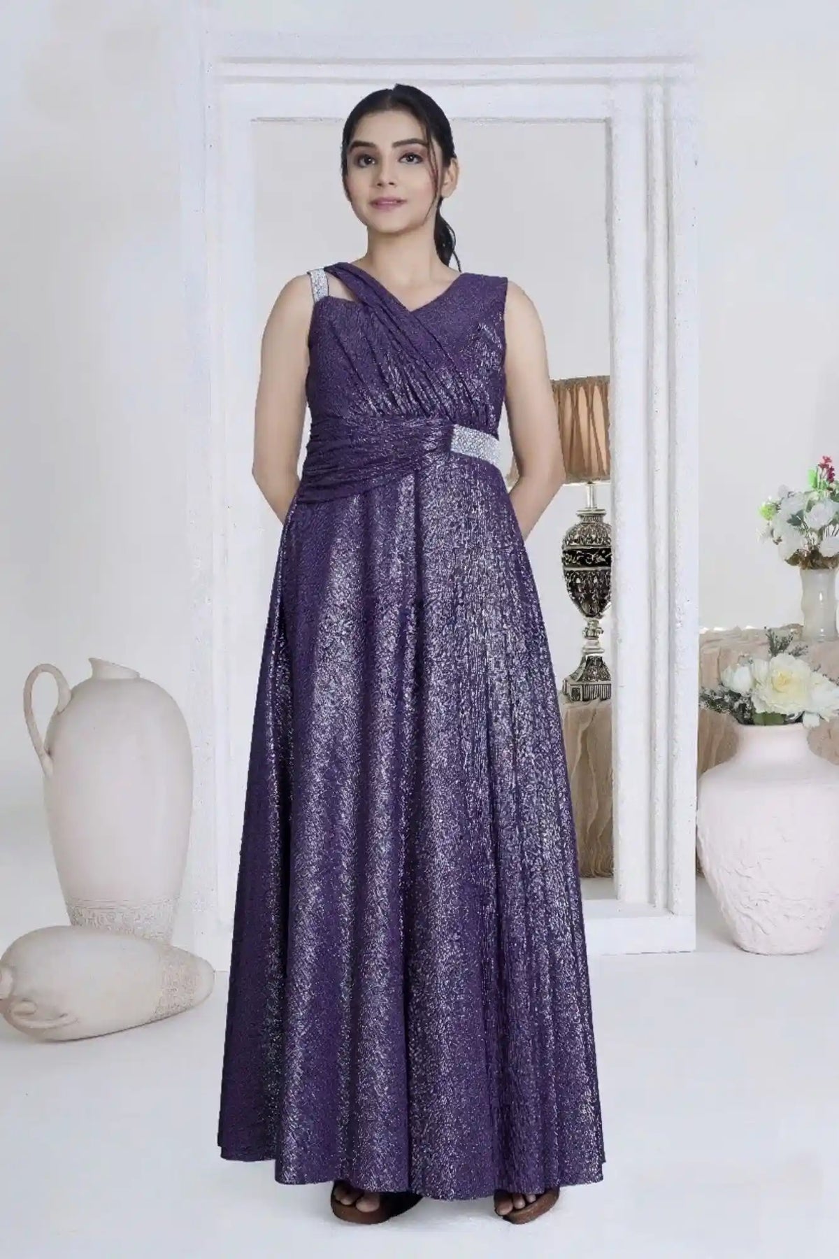 Purple Metallic Criss-Cross Gown with Embellished Waist For Girls