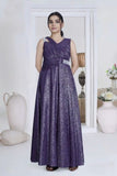 Purple Metallic Criss-Cross Gown with Embellished Waist For Girls