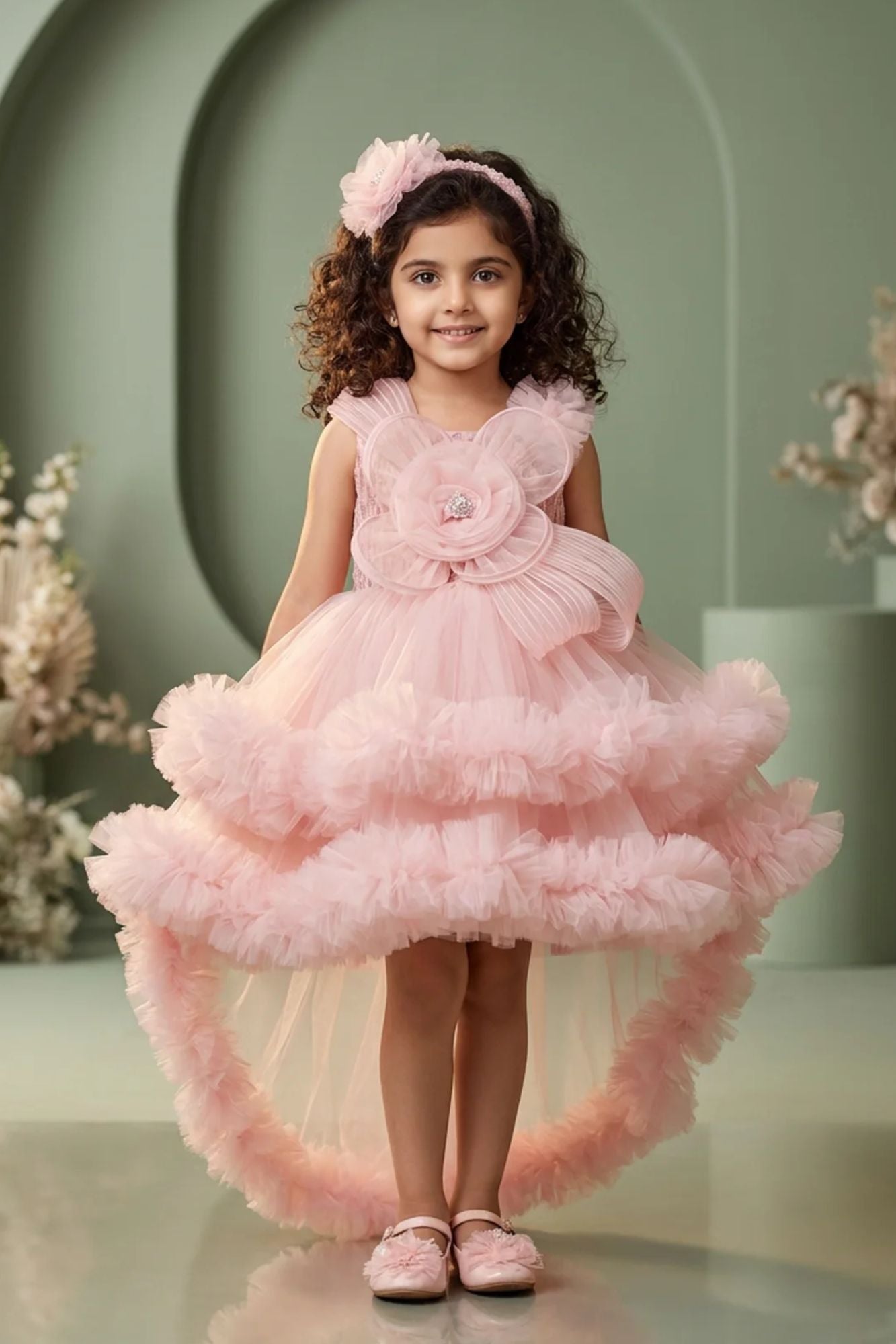 Girls Baby Pink Designer Frock with 3D Floral Detail and Layered Tulle