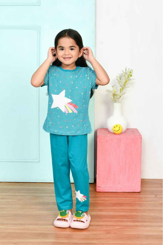 Soft & Stylish Blue Star Printed Night Suit Set for Girls
