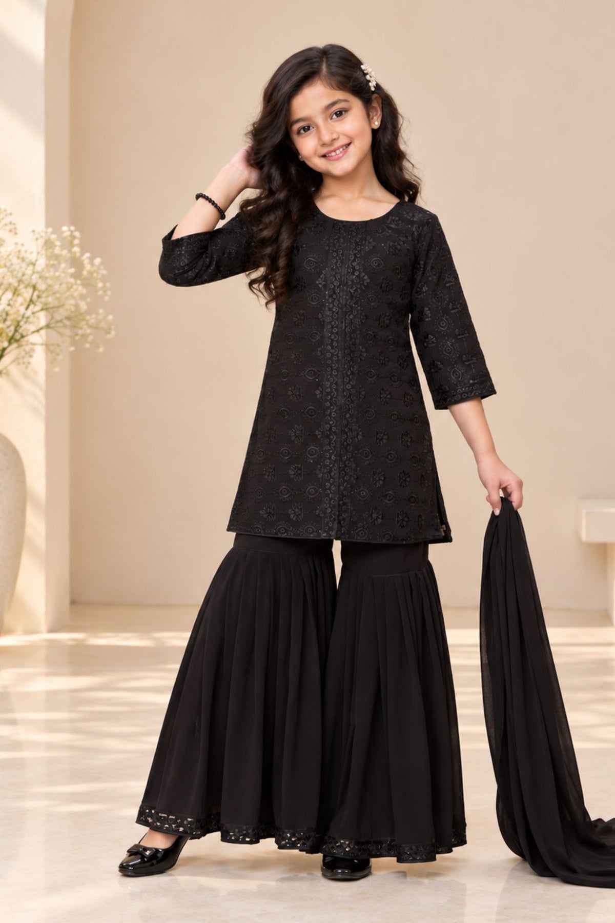 Black Sequins Embroidered Sharara Set for Girls