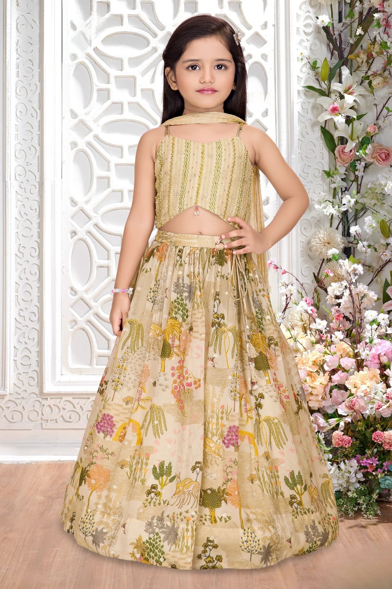 Girls Fawn Bead Embellished Lehenga Choli With Lehenga And Dupatta
