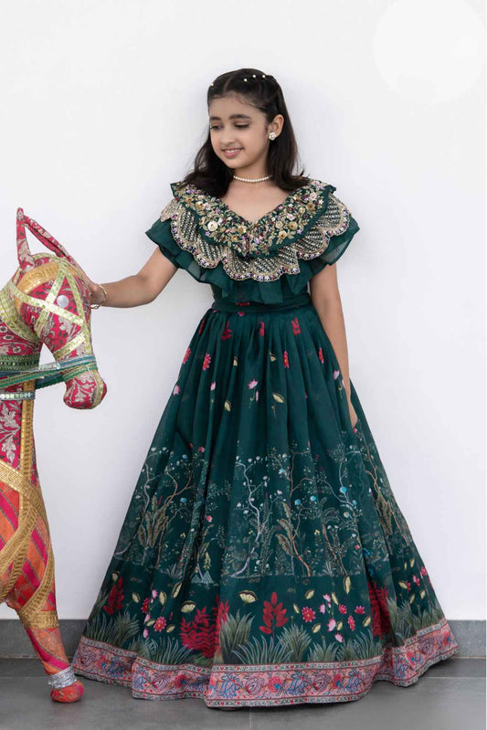 Green Sequins Embroidered With Floral Printed Lehenga Choli For Girls