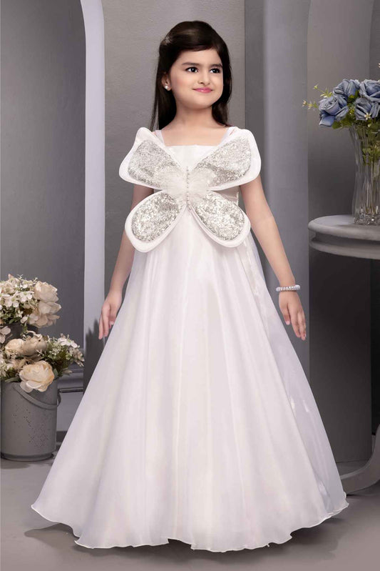 White Butterfly Embellished With Sequins And Pearl Work Gown For Girls