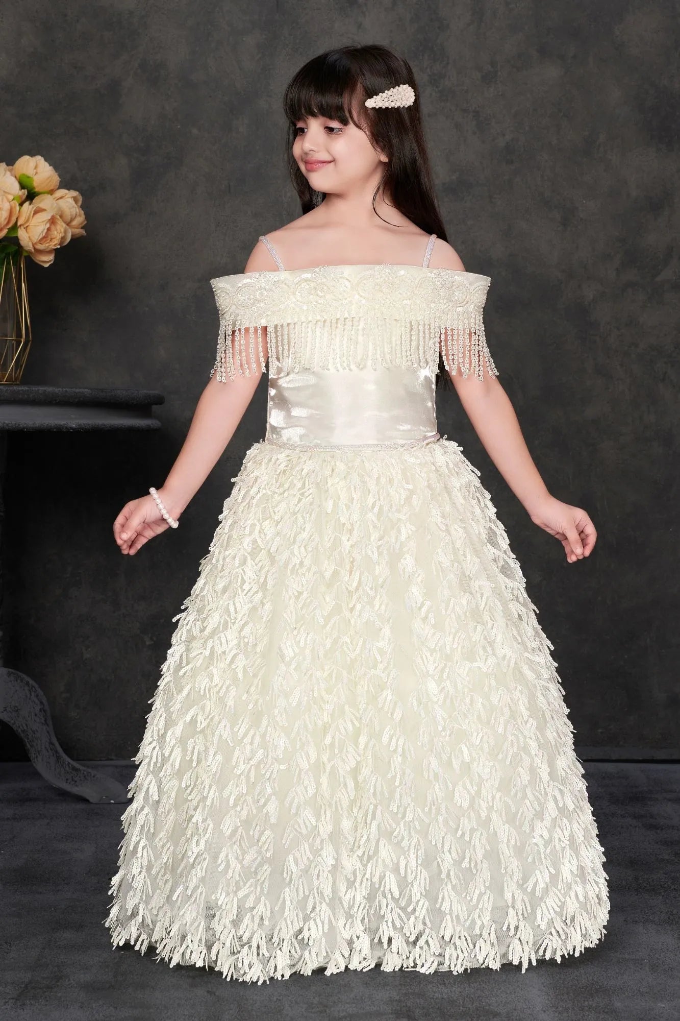 Off-Shoulder White Party Wear Gown with Pearl Fringe and Textured Net Skirt For Girls