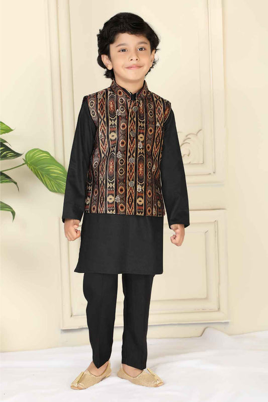 Black Kurta With Embroidery Bandi For Boys