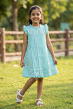 Light Blue Embroidered Pleated Frock For Girls