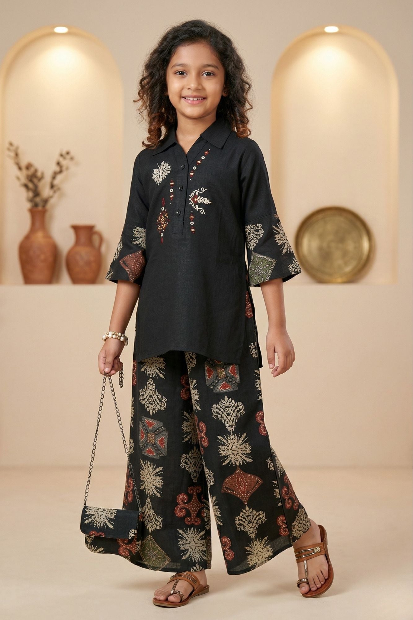 Black Ethnic Printed Co-Ord Set For Girls