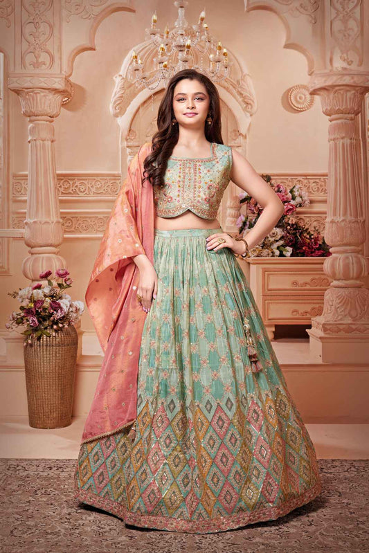 Mint Green Sequins And Embroidered Lehenga Choli Set For Girls