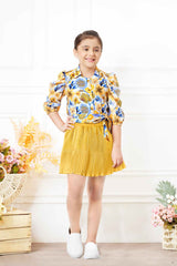 Mustard Puffed Sleeves Floral Printed Top And Skirt Set For Girls