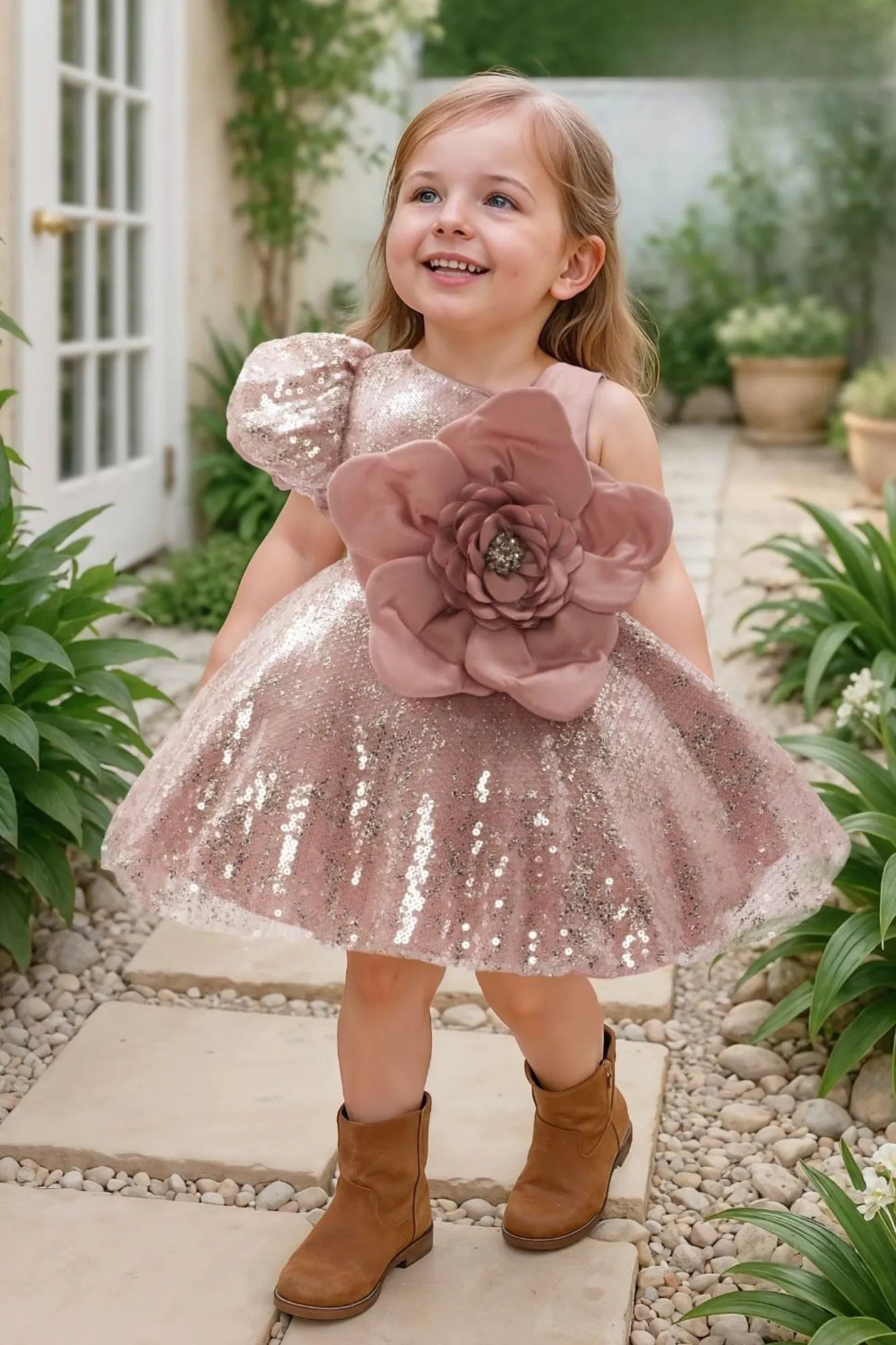 Peach Sequin Work with Oversized Floral Embellished Party Wear Frock For Girls