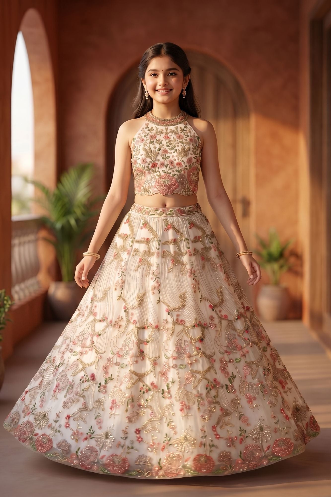 Luxury Cream Sequin Embroidered Lehenga Choli with Floral Motifs For Girls