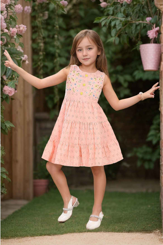 Peach Hakoba And Embroidered Casual Cotton Frock For Girls