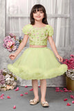 Pista Green Ruffled Bead Work And Floral Embellished Skirt Set For Girls