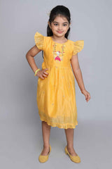 Mustard Frill Sleeves Chanderi Silk Frock With Zari Embroidery For Girls