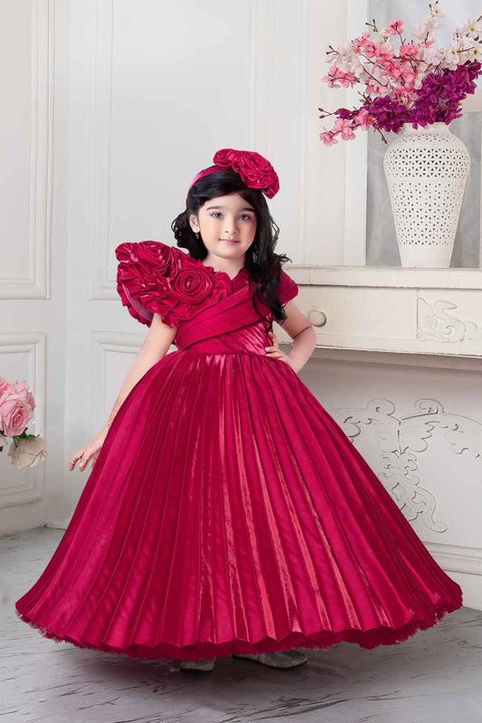Designer Fringed Black And Pink Party Gown With Flower Embellishment For Girls