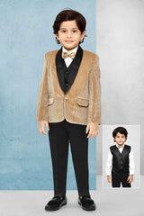 Classic Fawn Four Pc Suite With White Shirt And Bow Coat Set For Boys