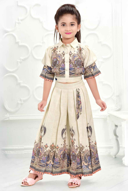 Stylish Printed Co-Ord Set With Puff Sleeves Top For Girls